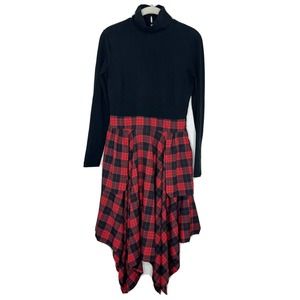 Zapelle Women’s Mock Neck Black Red Plaid Handkerchief Hem Dress Sz Small 4￼